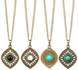 Intricate antique-style pendants, crafted from aged brass with ornate filigree detailing, dangle from delicate golden chains, showcasing central gemstone inlays, isolated on transparent background.