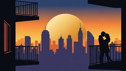 Obraz premium Couple Embracing on Balcony during Sunset over City Skyline