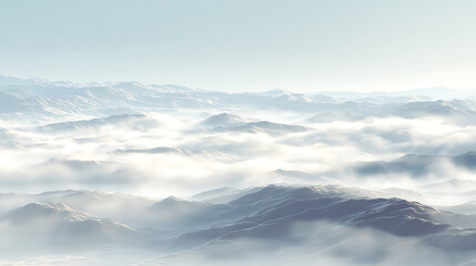 A breathtaking mountain range covered in fog and snow under a clear sky , color of the year 2026, cloud dancer