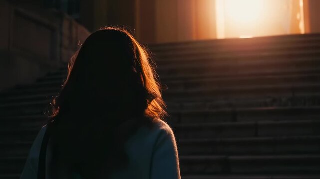 A woman stands at the bottom of stairs, illuminated by warm light coming from above. The woman gazes upward, creating a contemplative and introspective atmosphere in the scene.