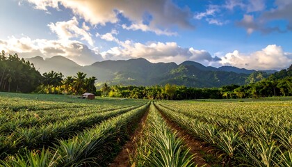 Fototapeta premium Lush pineapple field with mountains in the background under a cloudy sky.