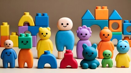 Obraz premium Colorful 3D illustration of cute toy figures and building blocks, playful shapes with smiling faces, soft lighting, clean background, and a cheerful, childlike imagination mood.