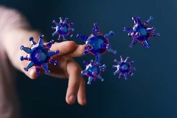 Artistic rendering of virus particles and a hand. Represents concepts of danger, risk,...