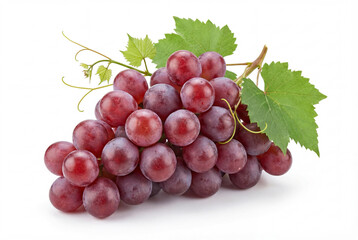 Fototapeta premium Fresh ripe red grape cluster with green leaves isolated on white background.