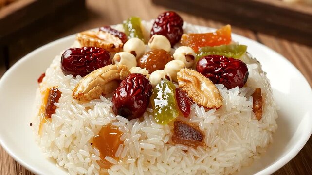 Traditional Chinese eight treasure rice pudding with red dates on white plate