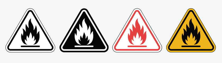 Warning fire icon set, danger fire icon sign symbol collections designed for safety signage, emergency response, hazard warnings, public awareness, and professional vector illustration use.
