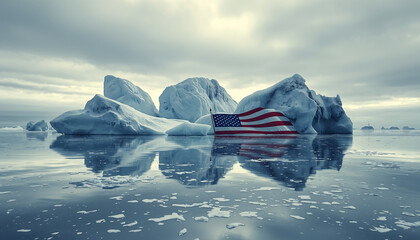American flag planted on icy landscape with melting glaciers