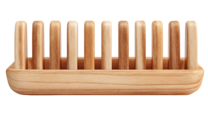 Plain wooden dish rack pegs arranged in a tidy row with clean wood grain, isolated on transparent background.
