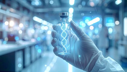 Close-up of scientist's gloved hand holding vial with glowing DNA helix illustration, representing biotechnology and genetic research in a modern laboratory setting