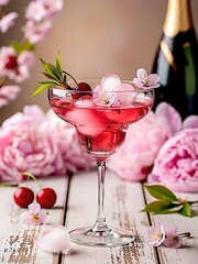 A refined pink cocktail in a coupe glass rests on a rustic table, surrounded by delicate cherry blossoms and a champagne bottle in the background, creating a romantic springtime f&ecirc;te vibe.