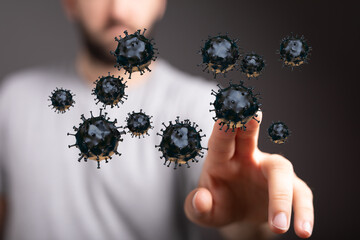 Conceptual illustration of a person touching a digital representation of a virus, representing the health cris