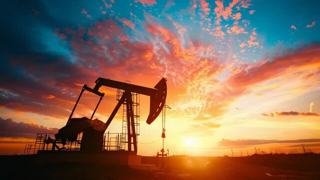 Oil pumpjack silhouette pumping at sunset