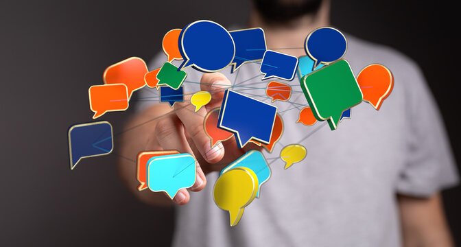 Abstract image of a person touching colorful speech bubbles representing communication, ideas, and online inter - Powered by Adobe