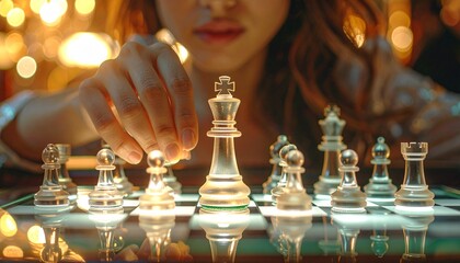 Close-up of a woman's hands reaching for a clear glass chess king piece on a chessboard with blurred background lights