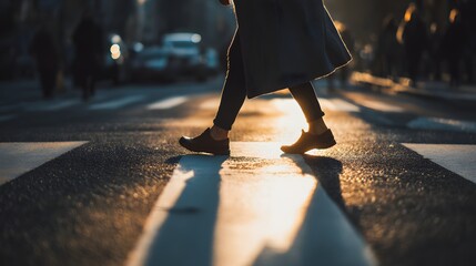 Morning City Street With Person Walking And Long Shadows Symbolizing Change