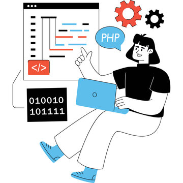 Programmer with Laptop Coding PHP and Binary Code