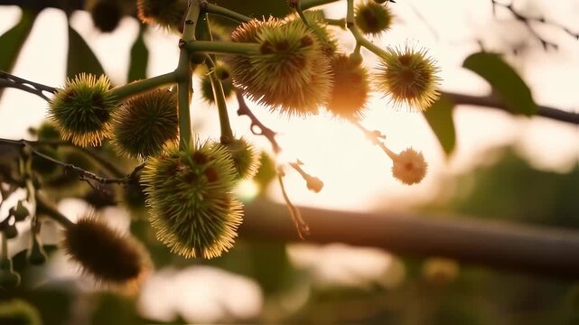 A cluster of spiky green fruits hangs from branches, illuminated by warm sunlight in the background. The fruits create a vibrant and lively scene filled with natural beauty.