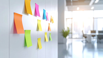 Creative Brainstorming Session with Colorful Sticky Notes on Office Wall