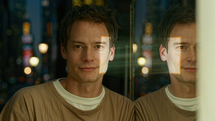 Man with brown hair wearing beige shirt and white undershirt stands by reflective glass at night, city lights and bokeh in background, calm expression, urban atmosphere