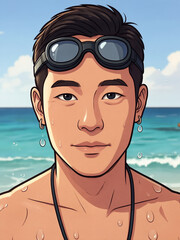 Young man with short dark hair wearing swim goggles and earrings, wet skin, standing on sunny beach with blue ocean and sky in background, relaxed and confident expression