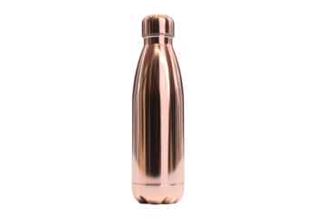 Rose gold metallic bottle with sleek thermos style shape and reflective surface isolated on transparent background.
