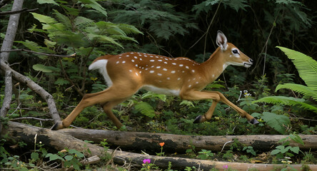 A startled axis deer leaps gracefully over a fallen branch