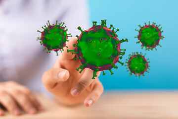 3D render of virus concept, hand touch, conceptual representation of danger, global pandemic spread, and impac
