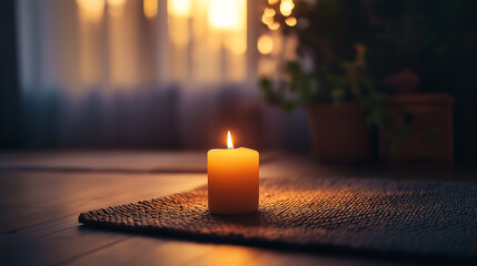 Meditation setup with candle on mat during morning light in a calm indoor space