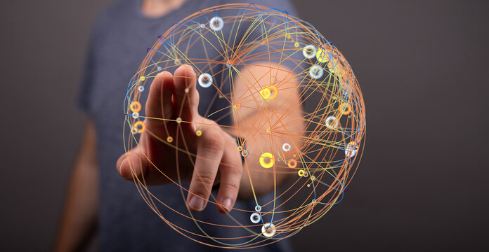 A person's hand touching a digital sphere, concept of global connectivity, technology, and data transfer. Suitable for business, inno - Powered by Adobe