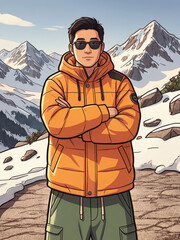 Young man wearing orange winter jacket and sunglasses stands confidently with arms crossed on snowy mountain path, surrounded by scenic snow covered peaks and clear sky