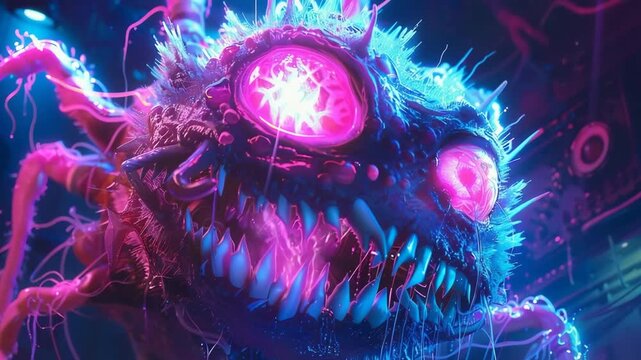Vicious neon monster with glowing eyes