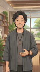 Calm, middle aged Asian man with casual hairstyle, wearing gray kimono style jacket, necklace, and bracelet, standing in modern living room with natural light and indoor plants