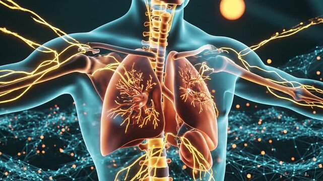 Anatomical illustration of human respiratory system with glowing elements