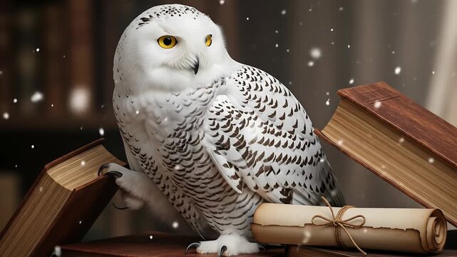 Snowy Owl on Books with Scroll: Winter Knowledge