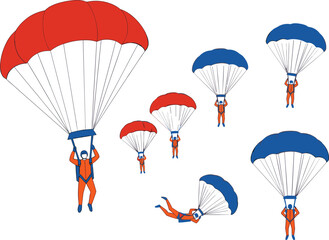 Parachuting skydiver illustration set with multiple landing and falling poses for extreme sport, aviation and adventure vector design © Sarmen Creative