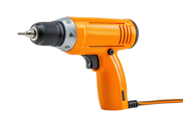 Orange handheld industrial power tool with cable and durable plastic metal body isolated on transparent background.
