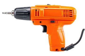 Orange handheld industrial power tool with cable and durable plastic metal body isolated on transparent background.
