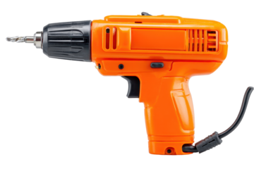 Orange handheld industrial power tool with cable and durable plastic metal body isolated on transparent background.
