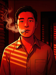 Man cigarette smoke red light shadow blinds shirt moody indoor evening man stands indoors with cigarette his mouth illuminated by dramatic red light and shadows from window blinds creating moody