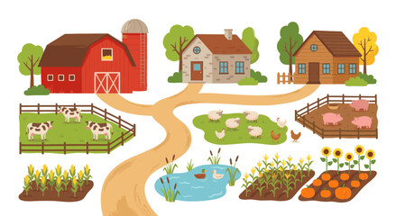 Farm animals, buildings and crops on rural land