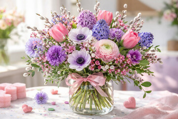 Spring flowers in a vase with anemones, tulips, hyacinths and ranunculus