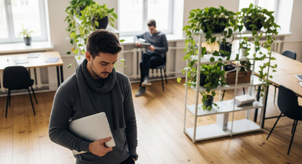Modern Workspace: Young Professionals with Laptops in Eco-Friendly ...