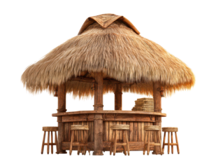 Tiki bar hut with thatched roof and stools featuring warm wood texture and tropical vibe isolated on transparent background.
