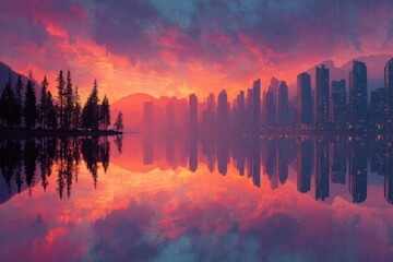 Cityscape mirrored in lake during sunset with trees in foreground and vibrant sky colors reflecting on water surface Generative AI