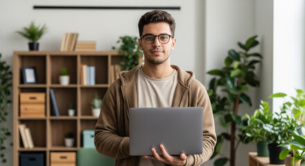 Young Man with Laptop: Modern Workspace & Digital Lifestyle