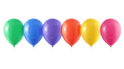Row of six balloons in different colors evenly spaced with smooth glossy surfaces isolated on transparent background.
