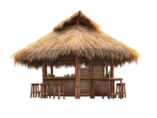 Tiki bar hut with thatched roof and stools featuring warm wood texture and tropical vibe isolated on transparent background.
