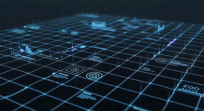 Futuristic Grid with Holographic Data Interface Digital Technology Abstract Background Information Visualization Science and Innovation - Powered by Adobe