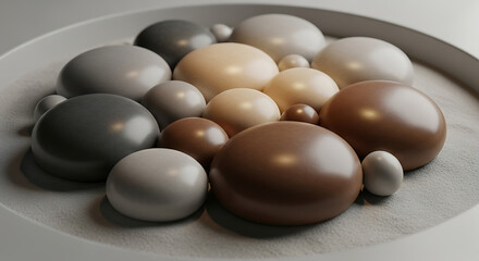 Monochrome Spheres Arrangement in Varying Shades of Gray Brown and Beige on Sand Creates Serene and Minimalist Aesthetic 3d Render Composition