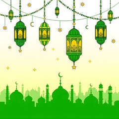 Obraz premium Vibrant green and gold illustration capturing the spirit of Islamic celebrations with ornate lanterns, mosque silhouettes, crescent moons, and stars